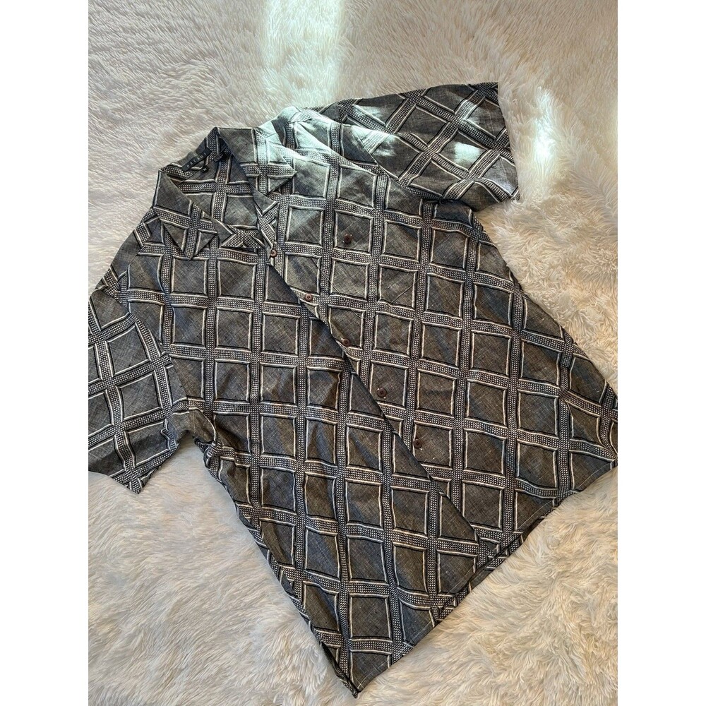 DREAMS Men’s 100% Linen Shirt Medium Gray Geometric Diamond Print Short Sleeve M